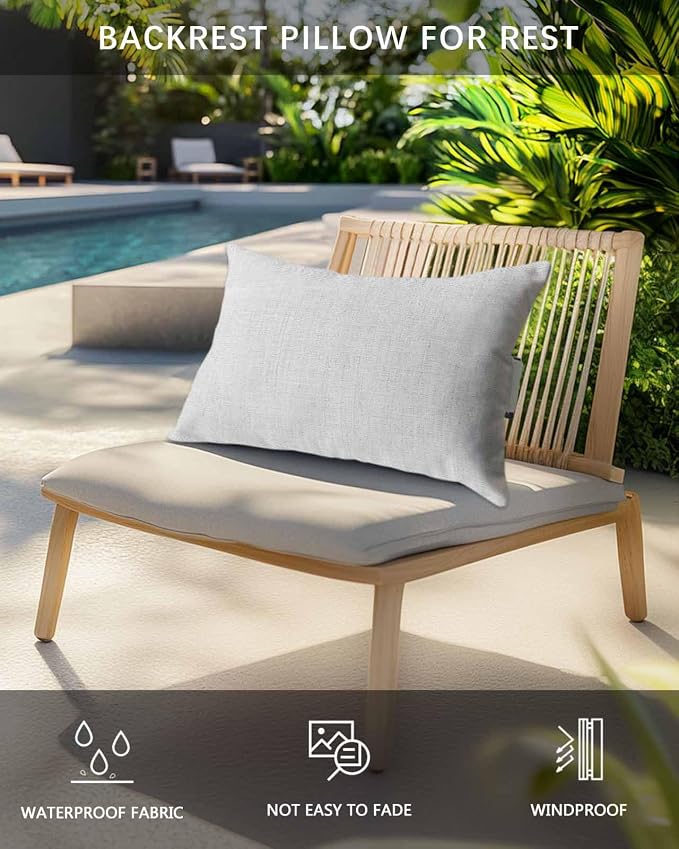 Outdoor Pillow for Chaise Lounge Chair Gray Rustic Vintage Burlap Texture Outdoor Pillows Waterproof with Adjustable Strap Headrest Lumbar Pillows for Garden Patio Furniture 2 Pack 11" x 16"