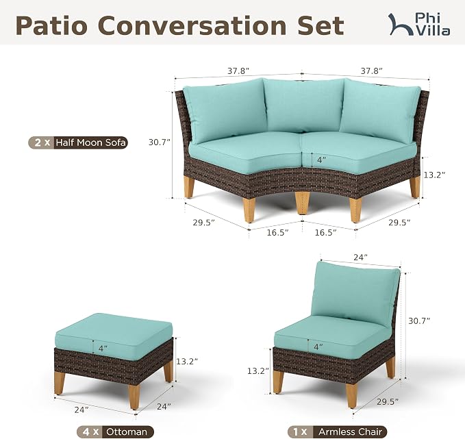PHI VILLA 7-Piece Wicker Patio Furniture Set, Outdoor Half-Moon Curved Sectional Sofa with Thick Aqua Blue Cushions, 4 Ottomans, Large Conversation Seating for Garden or Backyard