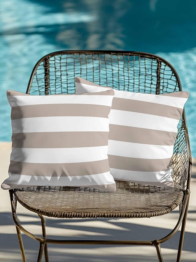 Waterproof Outdoor Pillow Set of 2 Khaki White Stripe Decorative Throw Pillows Cover & Insert 18x18 Inch Pillowcase Simple Style Striped Pillows for Couch Sofa Bed Patio Furniture Indoor Outdoor