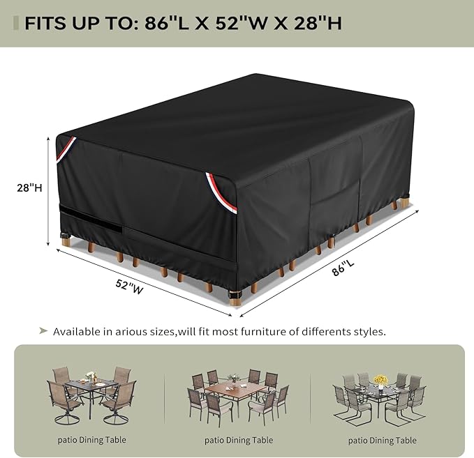 Kylinlucky 600D Heavy Duty Rectangular Table Cover 86 x 62 inches - Waterproof Outdoor Dining Set Protector for Patio Furniture