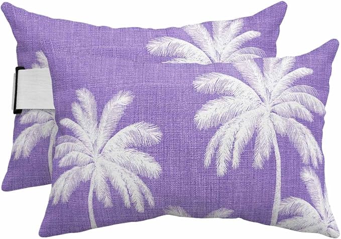 Pack of 4 Outdoor Lumbar Pillow Covers 11x16 Inch, Purple Palm Trees Waterproof Throw Pillow Covers Set, Farmhouse Tropical Summer Beach Indoor&Outdoor Decorative Cushion Cases for Patio Porch Car