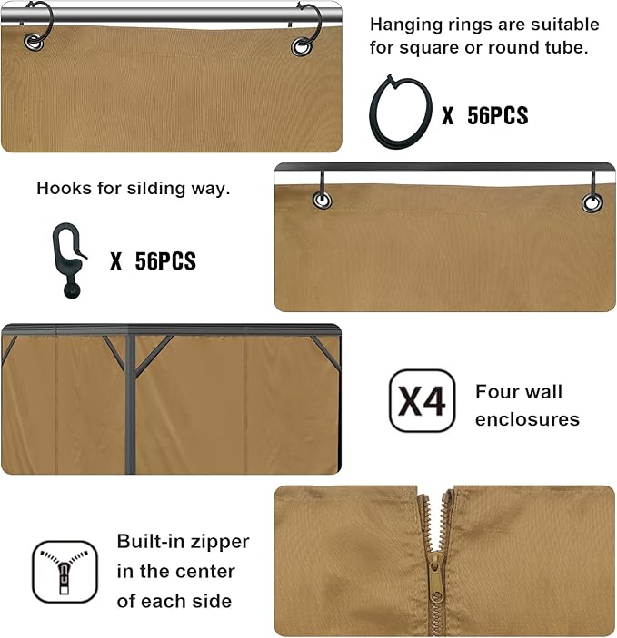 10'x10' Privacy Gazebo Curtains Outdoor Waterproof, 4-Panels Sidewall Curtains Universal Replacement with Zipper for Patio, Backyard, Garden (Only Curtains, Khaki)
