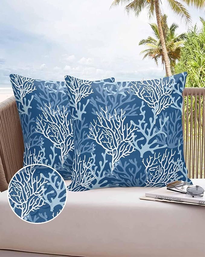 Outdoor Waterproof Throw Pillow Covers Set of 2 Blue Coral Pillowcases 16x16 Inches Nautical Coastal Marine Life Patio Decorative Pillows Cushion Case Patio Pillows for Couch Bed Chair Garden