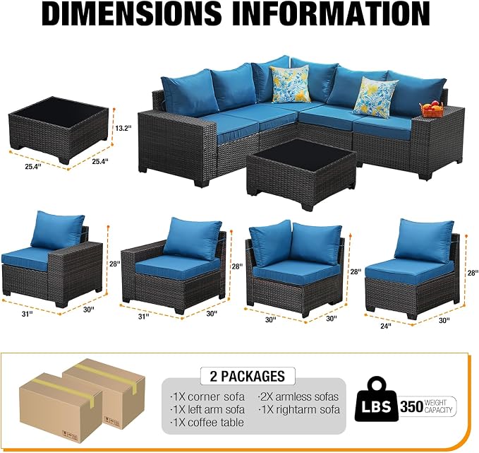 6-Piece Outdoor Patio Furniture Set, Modular Wicker Sectional Sofa with Thick Cushions & Coffee Table, All-Weather Rattan Conversation Set for Backyard, Porch, Poolside, Peacock