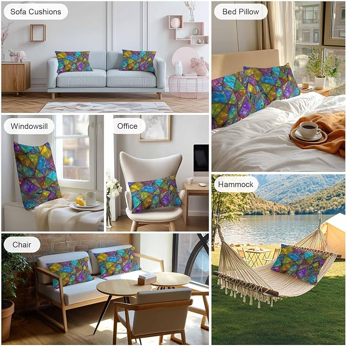 Abstract Geometric Outdoor Waterproof Pillow Covers Set of 2, Rainbow Gradient Crystal Color Blocks Modern Pillowcase Decorative Throw Cushion Cases for Patio Garden Couch 20 x 12 Inches
