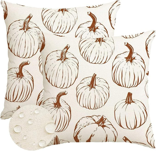 RABUSOFA Fall Pillow Covers 18x18 inch Set of 2 Outdoor Waterproof Fall Decorations Orange Lines Pumpkin Decor White Autumn Cushion Covers Thanksgiving Decoration for Home Couch
