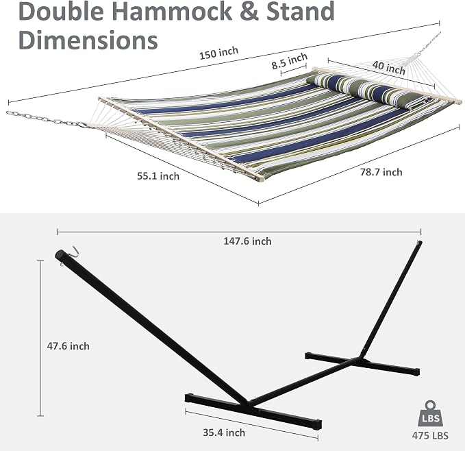 SUNCREAT Double Quilted Hammocks for Outside with 12ft Stand, Heavy Duty Hammock Storage Bag