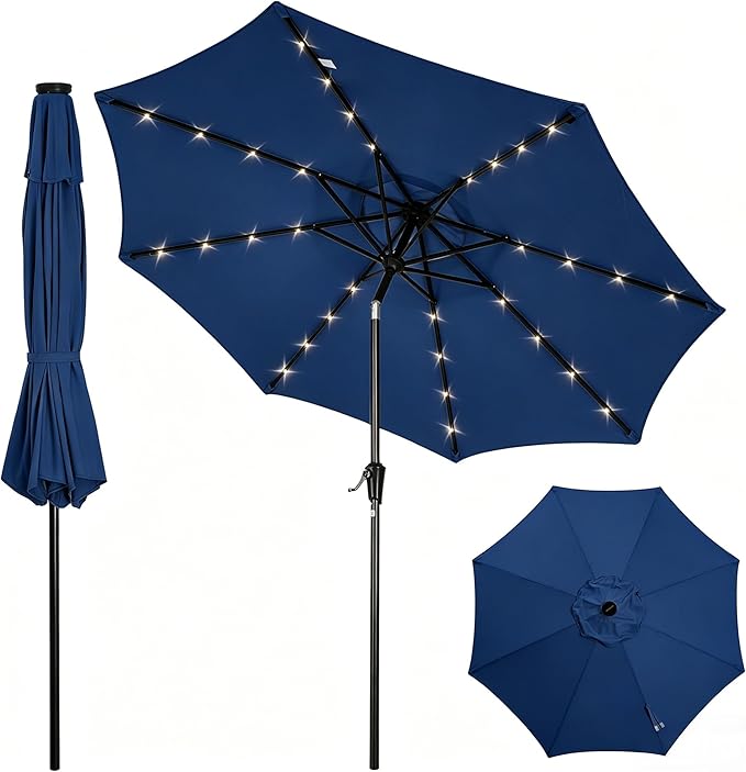 Garvee 9FT Patio Umbrella with 32 Solar LED Lights, Outdoor Table Market Umbrella with Tilt and Crank, 8 Sturdy Iron Ribs Sun Shade for Garden, Deck, Backyard and Pool, Navy Blue