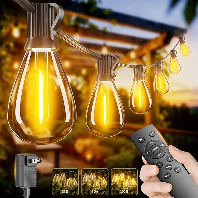 70FT Outdoor String Lights with Remote & Dimmable, 24+1 Shatterproof Waterproof Bulbs, Dimmable Outside Hanging Patio Lights for Backyard, Porch, Deck, Garden 2200K Warm Yellow