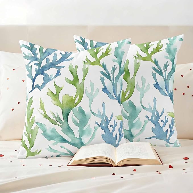 JasmineM Outdoor Pillow Cover 16x16 Inches Set of 2 Blue Teal Coral Waterproof Throw Pillow Covers Watercolor Green Decorative Pillowcases Garden Cushion Case for Patio Couch Sofa