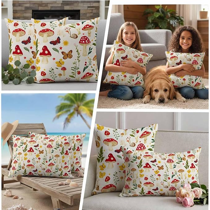 Rustic Mushroom Outdoor Waterproof Throw Pillow Covers Set of 2, 26"x26", Leaf Butterfly Botanical Plants Country Decorative Pillow Covers Outside Cushion Case for Patio Porch Garden