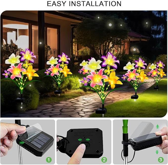 Solar Lights Outdoor, Gift for Women Mom Grandma Wife, 4 Pack 16 Solar Lily Flower Lights With 8 Butterfly Decor, Solar Flower Lights Waterproof Outside Decor Stake Light for Landscape Yard Patio Lawn