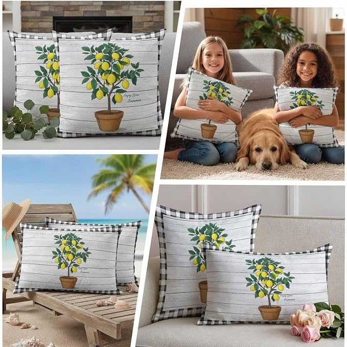 Summer Yellow Lemons Outdoor Waterproof Pillow Covers Set of 2, Green Leaf Botanical Gardens Wood Grain Plaid Pillowcase Decorative Throw Cushion Cases for Patio Garden Couch 18 x 18 Inches