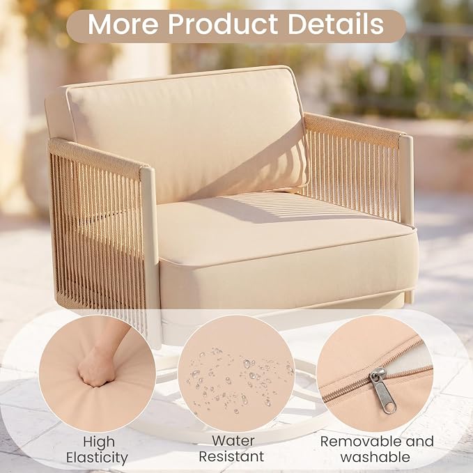 EROMMY 5 Seats Patio Furniture Set, Metal Frame Outdoor Swivel Glider Rocking Chairs with 6" Thick Cushions, 3-Seat Sofa & Coffee Table, Patio Conversation Sets for Backyard, Poolside & Balcony, Beige