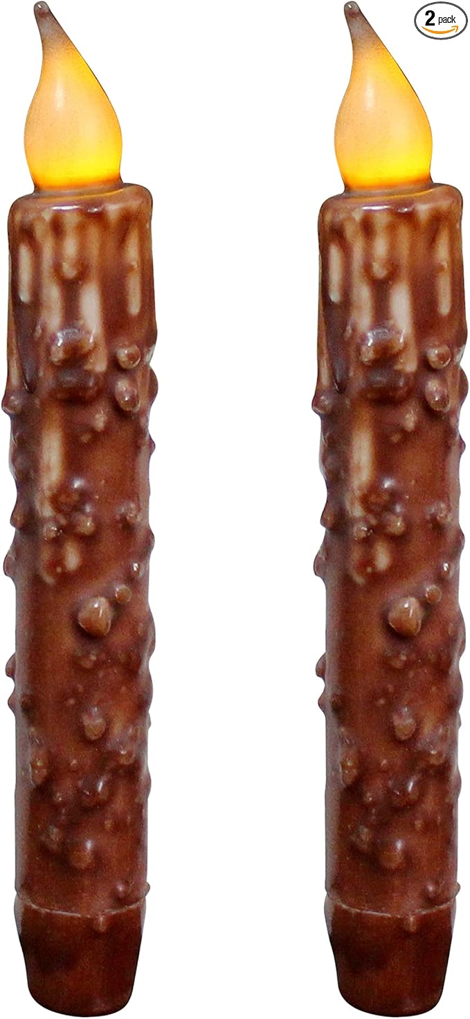 CVHOMEDECO. Real Wax Hand Dipped Battery Operated LED Timer Taper Candles Country Primitive Flameless Lights Décor, 6-3/4 Inch, Coffee, 2 PCS in a Package