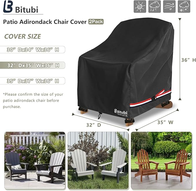 Waterproof 2 Pack Patio Adirondack Chair Cover for Outdoor Chair Size Up to 32W x 35D x 36H inch,Outdoor Lawn Patio Furniture Covers (Black)