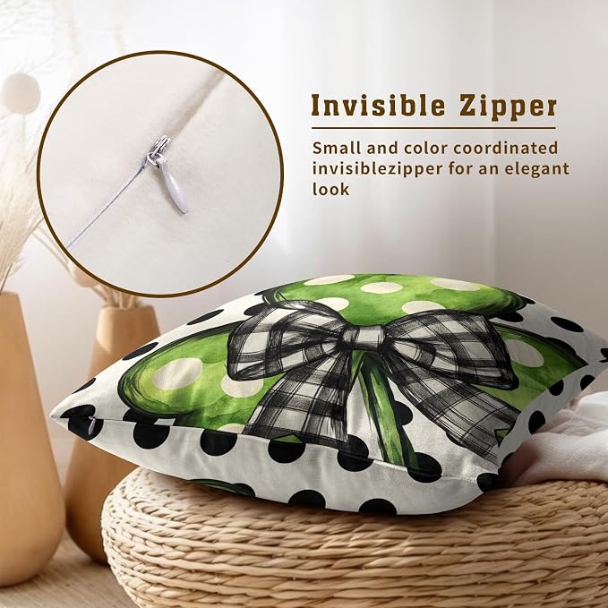 Lucky Shamrock Throw Pillow Covers 16x16 Inch – Set of 2 Green Clover with Black White Plaid Bow Polka Dot Holiday Cotton Pillowcases for Couch Sofa Bed Porch Farmhouse Home Decor