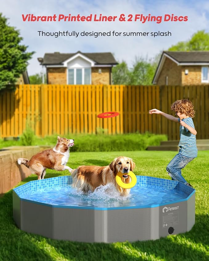 Peteast Foldable Dog Pool with 2 Flying Disks, Durable Hard Plastic Dog Swimming Pools for Large Dogs, Collapsible Pet Pool for Backyard & Indoor, Ideal Kiddie Pools for Dogs and Kids, 48 in