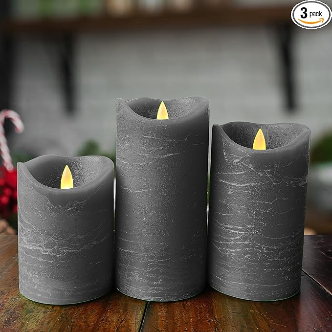 Real Wax Flameless Candles Set of 3 (D 3" x H 4" 5" 6") Battery Operated LED Candle with Timer Home Decorative Pillar Flickering Lights,Wedding Party Events Decor,Grey