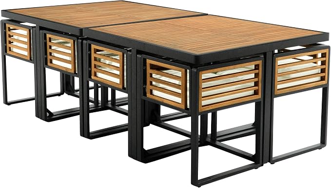 18-Piece Outdoor Patio Acacia Wood Dining Table Set, 2 Square Table with 8 Cushioned Chairs& 8 Stools, All-Weather Resistant Conversation Set with Metal Frame, Space-Saving Design for 8 (Beige-18P)