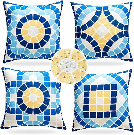 CARRIE HOME Blue Summer Outdoor Pillow Covers Waterproof 18x18 Set of 4, Summer Themed Party Decorations Swimming Pool Chair Pillow 18 x 18, Fade Resistant Waterproof Outdoor Pillows for Patio Porch