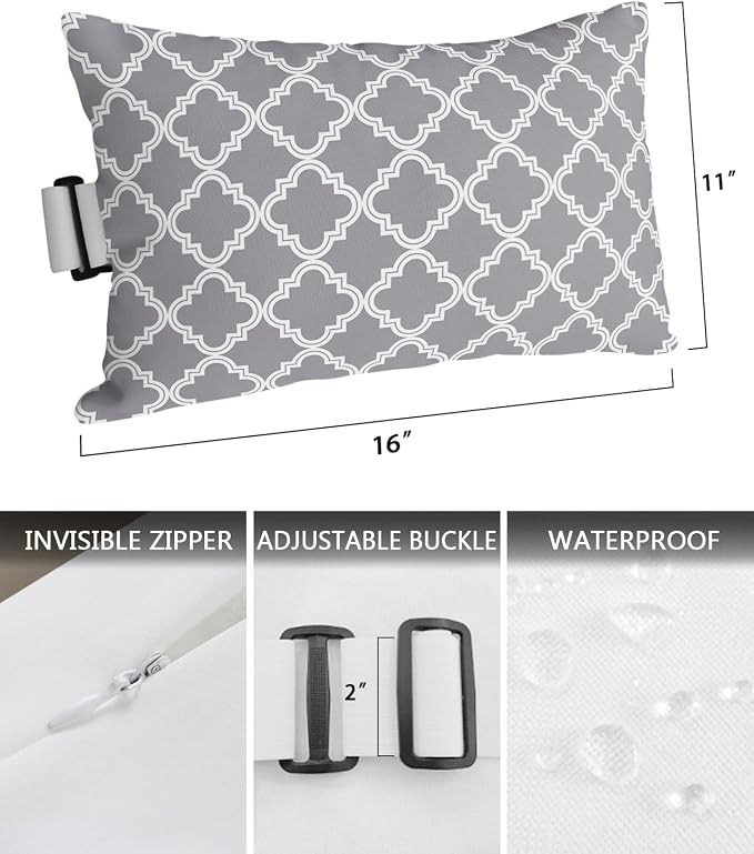 Outdoor Pillows Covers with Inserts Grey Moroccan Pattern Geometric Waterproof Recliner Pillow with Adjustable Strap Throw Pillows for Patio Furniture Pool Lounge Chair, 11x16 inch, 1PCS