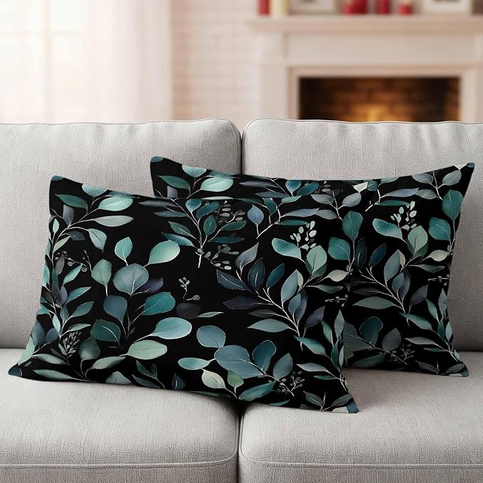 Lumbar Pillow Covers 20x12 Inch Set of 2, Teal Black Botanical Waterproof Outdoor Pillow Covers, Spring Eucalyptus Leaves Greenery Decorative Cushion Pillowcases for Couch, Sofa, Bed, Garden, Patio