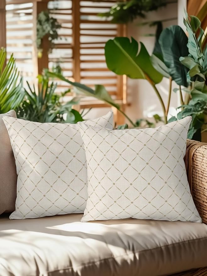 Waterproof Outdoor Pillow Set of 2 Beige Grid Plaid Decorative Throw Pillows Cover & Insert 18x18 Inch Pillowcase Diagonally Crossed Lines Pillows for Couch Sofa Bed Patio Furniture Indoor Outdoor