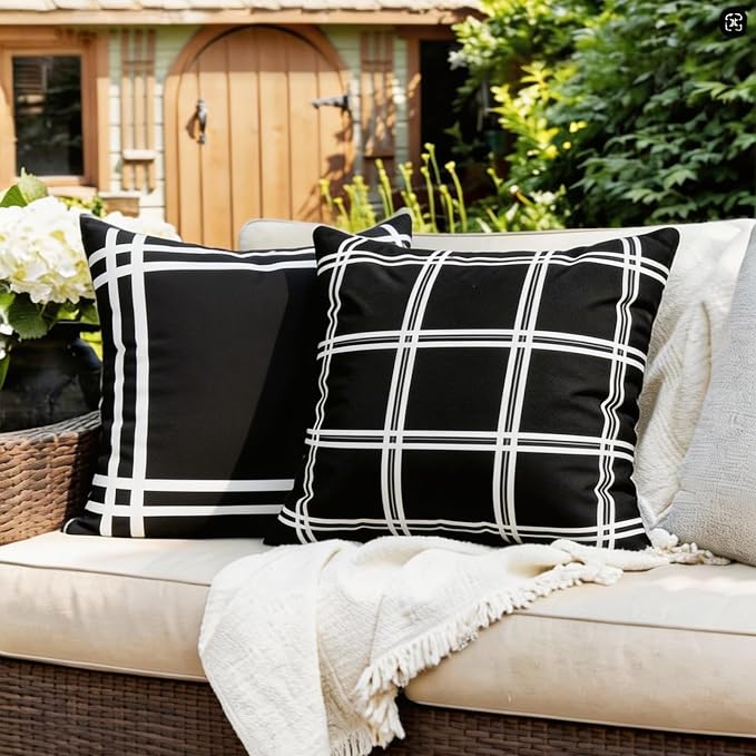 Set of 2 Outdoor Waterproof Pillow Covers 18x18 Black Plaid | Classic Black and White Plaid Pattern Brings Farmhouse Charm to Indoor and Outdoor Decor