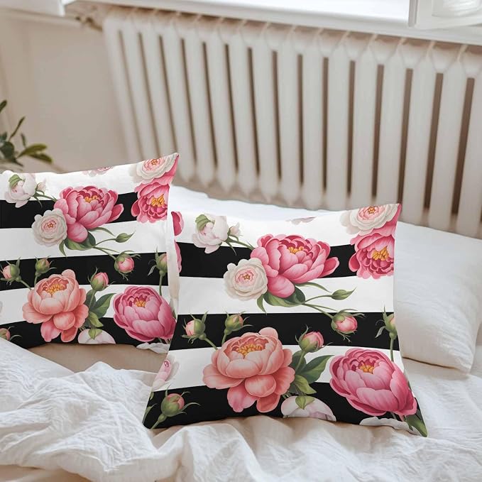 Outdoor Waterproof Throw Pillow Covers Set of 2 Pink Peony Rose Pillowcases 16x16 Inches Floral Black Stripes Decorative Pillows Cushion Case Patio Pillows for Couch Bed Chair Garden