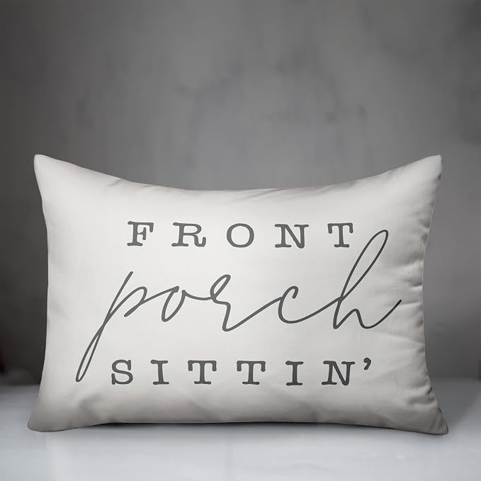 Front Porch Sittin' White and Grey Indoor/Outdoor Pillow | Decorative Pillows for Living Room Couch Bed Sofa Patio, Fluffy Soft Cushion | Water Resistant Gray, 14x20