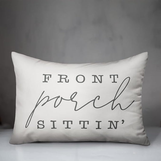 Front Porch Sittin' White and Grey Indoor/Outdoor Pillow | Decorative Pillows for Living Room Couch Bed Sofa Patio, Fluffy Soft Cushion | Water Resistant Gray, 14x20