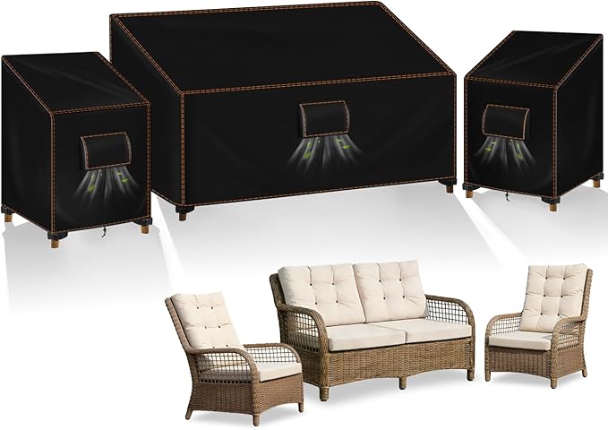 3 PCS Patio Furniture Covers Sets, 420D Waterproof Outdoor Chair Covers and Sofa Cover, Fits Outdoor Loveseat 58"W x 32"D x 31"H and Chairs 32"W x 35"D x 33"H, Triple Windproof and Anti-UV, Black