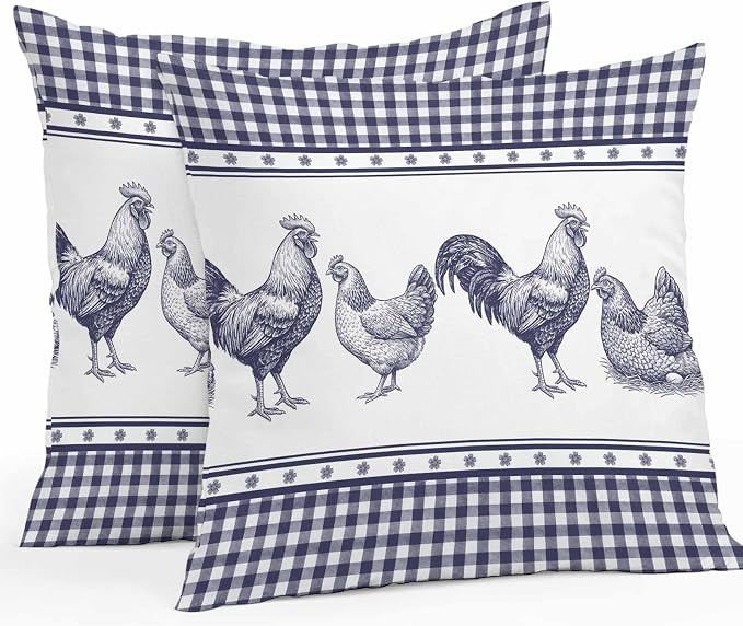 Navy Blue Rooster Outdoor Pillow Covers 24x24 Inch Throw Pillow Covers Set of 2 Waterproof Decorative Pillow Cases Vintage Farmhouse Blue Plaid Cushion Covers for Patio Furniture Garden Couch Sofa