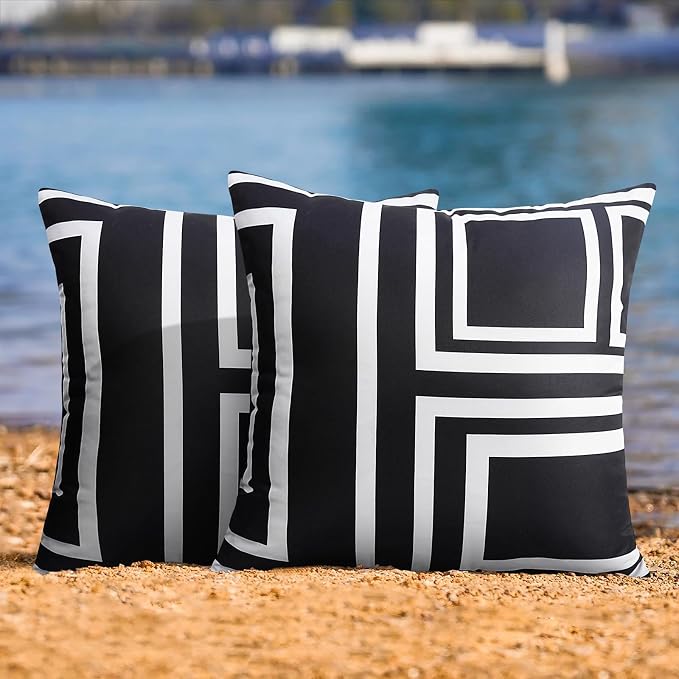Merrycolor Set of 2 Outdoor WaterproofThrow PillowCovers Geometry Decorative Square Pillowcases Blackand White Outdoor Pillows for Patio Furniture Garden TentCouch 18 X 18 Inch Black Background
