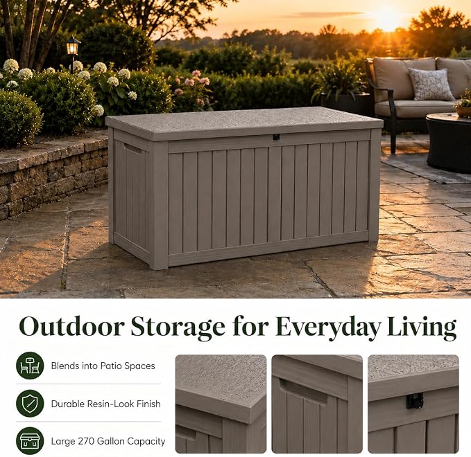 270 Gallon Extra Large Deck Box Outdoor, Resin Storage Box Outdoor Waterproof, Lockable Garden Storage Bench, Holds Patio Furniture, Pool Supplies & Equipment, Hydraulic Rod, UV-Proof, Gray Brown