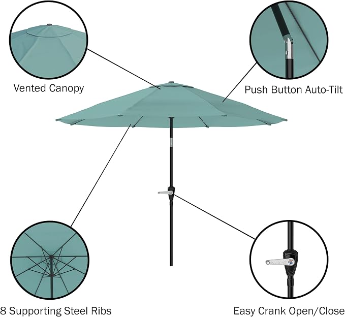 Alaterre Furniture Okemo 8 Piece Outdoor Dining Set with Umbrella - Solid Acacia Wood Outdoor Furniture Set with 63” Patio Table, 6 Patio Chairs, and 10ft Dusty Green Umbrella