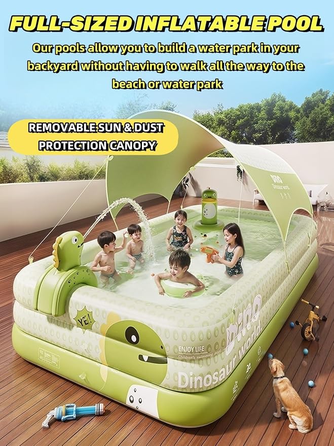 Inflatable Swimming Pool with Canopy & Air Pump & Inflatable Water Spray Gun, 118" Swimming Pool for Adults, Large Blow Up Pool Ideal for Family Backyard Garden Party, Outdoor Summer Fun