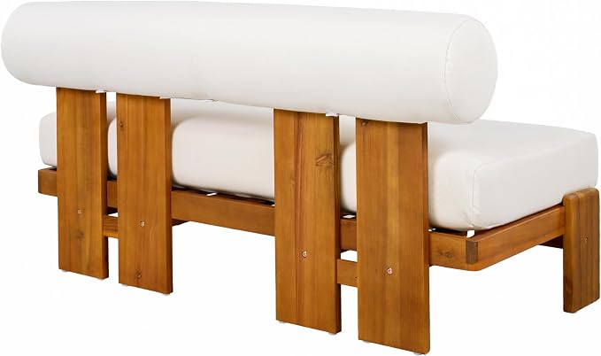 Merax 4-Piece Patio Conversation Set with Acacia Wood Frame, Waterproof Cushions & Round Backrest – Loveseat, 2 Club Chairs & Coffee Table for Garden, Deck & Balcony, Beige+Teak