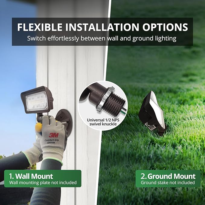 GKOLED 15W LED Flood Lights Outdoor, Dusk to Dawn Security Light, with Anti-Glare Guard, 120V 5000K 1650LM Waterproof Landscape Lighting, Di-cast Aluminum, 1/2" Knuckle Mount, 2 Pack, UL Listed