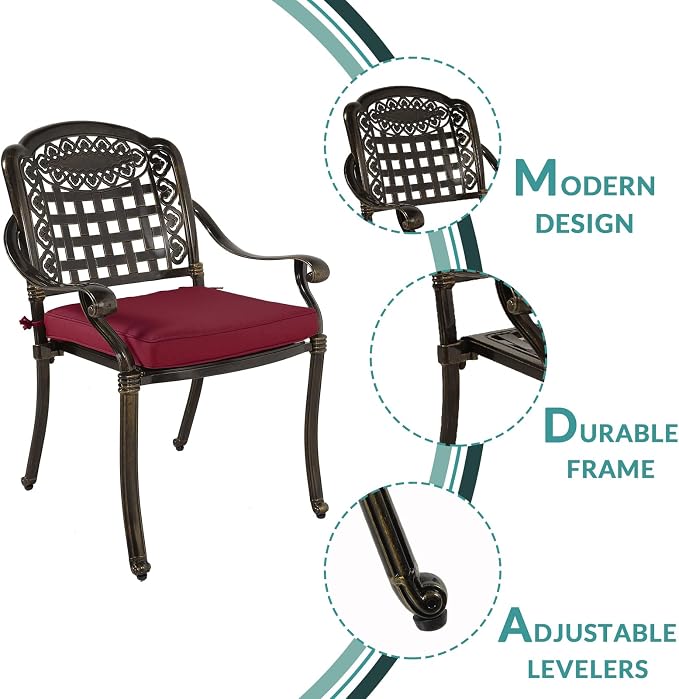 MEETWARM 9-Piece Outdoor Furniture Dining Set, All Weather Cast Aluminum Patio Garden Set with 1 Oval Table, 8 Chairs, 8 Cushions, 2" Umbrella Hole, Dark Bronze, Chili Red