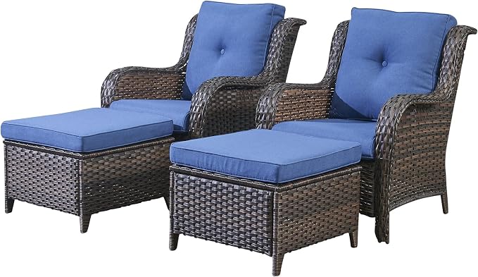 Rilyson Luxury 4 Pieces Patio Wicker Furniture Ottomans, Wicker Patio Chairs Set of 2 with Ottoman, Rattan Outdoor Porch Chair with Thick Cushion for Balcony Deck Yard and Porch (Brown/Blue)