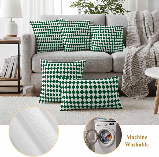 Outdoor Throw Pillow Cover Modern Green White Diamond Waterproof Cushion Covers 2 Pack Minimalist Geometric Plaid Pillow Cases Home Decoration for Patio Garden Couch Sofa