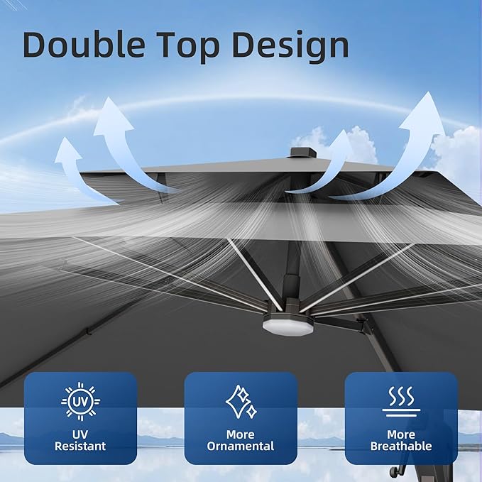 10x13 FT Patio Umbrella with Weighted Base and LED Lights Cantilever Outdoor Large Heavy Duty Rectangle Aluminum Offset Umbrellas Double Top 360 Rotation for Pool Deck Garden, Grey