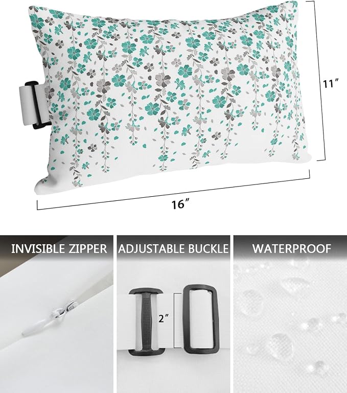 Outdoor Pillows Covers with Inserts Flower Teal Grey Cherry Blossoms White Waterproof Pillow with Adjustable Strap Throw Pillows for Patio Furniture Recliner Lounge Chair, 11x16 inch, 2PCS