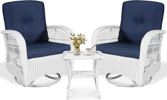 VIVIJASON 3-Piece Patio Conversation Bistro Set, Outdoor Swivel Glider Rocking Chairs Rattan Furniture Set w/ 2 Rattan Chairs, Glass Top Side Table for Porch Backyard, White - Navy Blue
