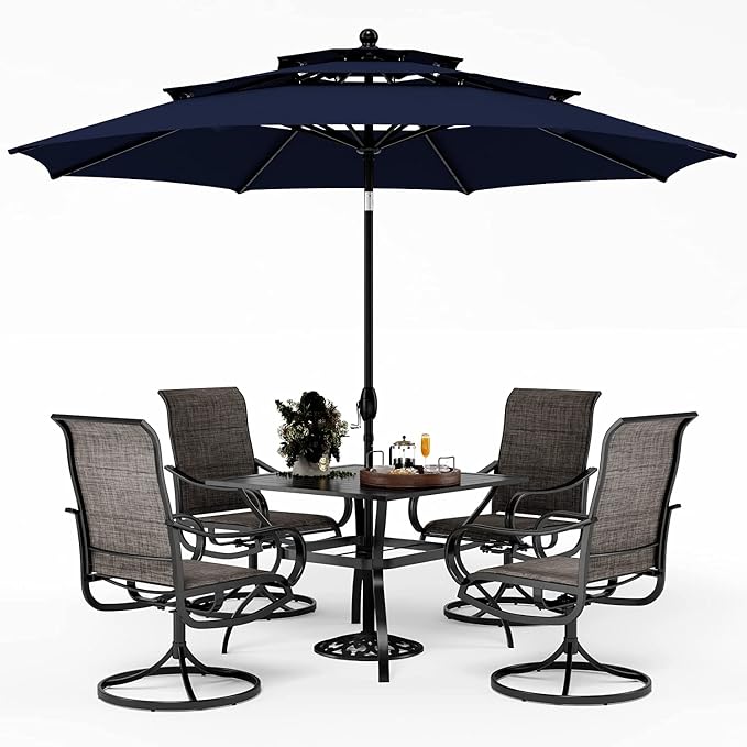 PHI VILLA Patio Dining Set for 4 with Navy Umbrella & Padded Swivel Chairs | Textilene, High back & Ergonomic, Square metal table, Weather-resistant, Outdoor backyard deck, No Umbrella Base, 6 piece