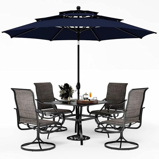 PHI VILLA Patio Dining Set for 4 with Navy Umbrella & Padded Swivel Chairs | Textilene, High back & Ergonomic, Square metal table, Weather-resistant, Outdoor backyard deck, No Umbrella Base, 6 piece