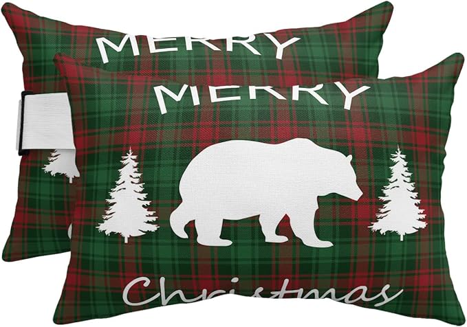 Outdoor Pillows Covers with Inserts Merry Christmas Bear and Tree Red Green Buffalo Plaid Waterproof Pillow with Adjustable Strap Throw Pillows for Patio Furniture Recliner Lounge Chair, 12"x20", 2PCS