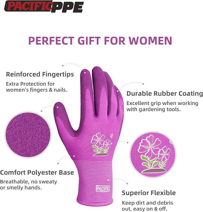 PACIFIC PPE 6 Pairs Gardening Gloves for women, Rubber Coated Garden Gloves, Ladies Yard Work Gloves, Breathable, Purple, Medium